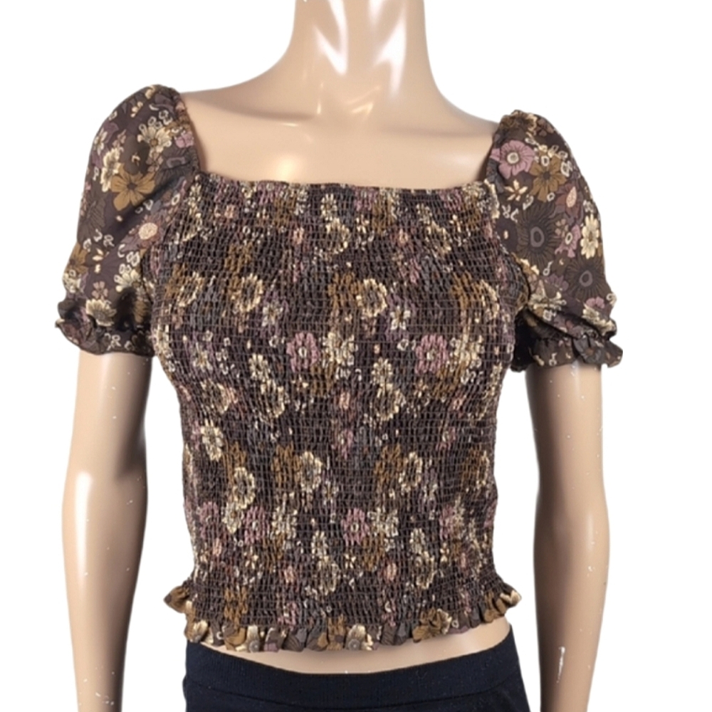 C By One Floral Smocked Top Womens Size Small Brown Puff Sleeve Cropped Y2K Vibe